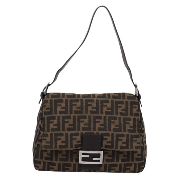 FENDI Zucca Canvas Mamma Baguette Shoulder Bag Brown Silver Auth BA14949V