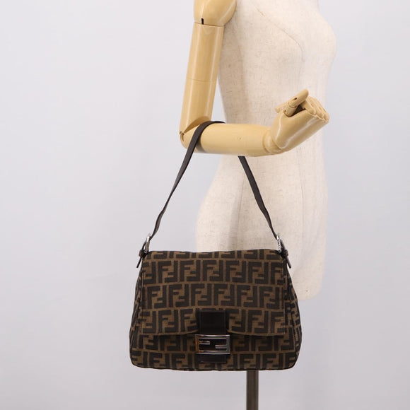 FENDI Zucca Canvas Mamma Baguette Shoulder Bag Brown Silver Auth BA14949V