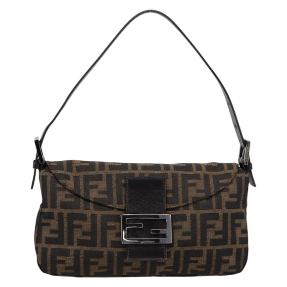 FENDI Zucca Canvas Mamma Baguette Shoulder Bag Brown Silver 8BR003 Auth BA14953V