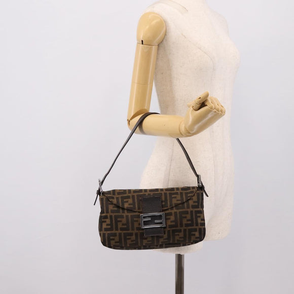 FENDI Zucca Canvas Mamma Baguette Shoulder Bag Brown Silver 8BR003 Auth BA14953V