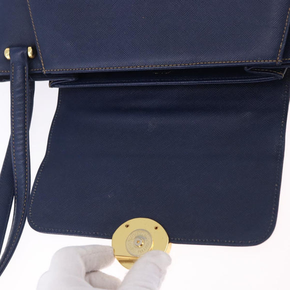VALENTINO Shoulder Bag Leather Navy Gold Tone Auth BA14965