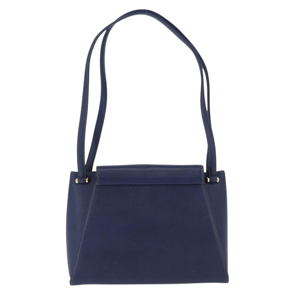 VALENTINO Shoulder Bag Leather Navy Gold Tone Auth BA14965