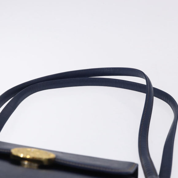 VALENTINO Shoulder Bag Leather Navy Gold Tone Auth BA14965