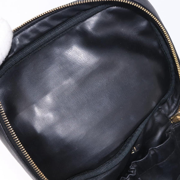 CHANEL Bicolore Cosmetic Pouch Leather Black Gold Tone CC Auth BA14972