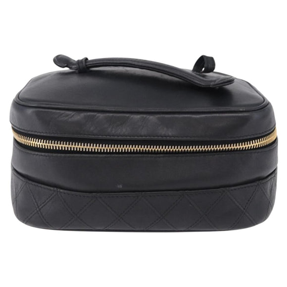 CHANEL Bicolore Cosmetic Pouch Leather Black Gold Tone CC Auth BA14972