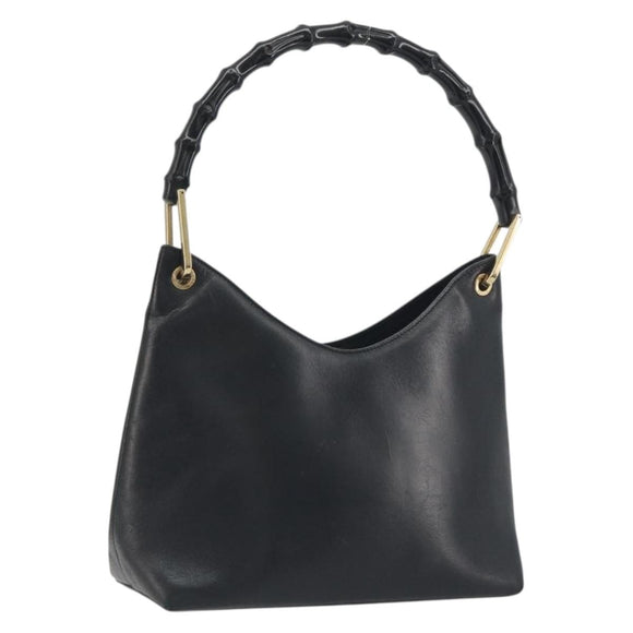 GUCCI Bamboo Shoulder Bag Leather Black Gold Tone 001 3008 Auth BA14975