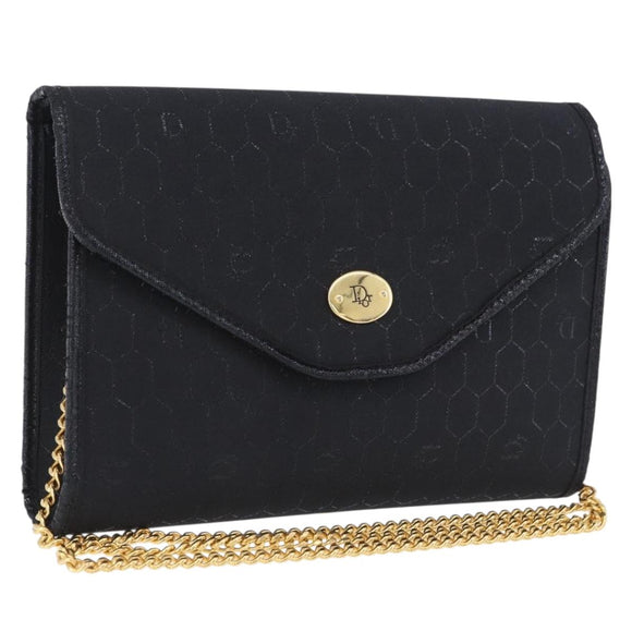 Christian Dior Honeycomb Chain Shoulder Bag Canvas Black Gold Tone Auth BA14988V