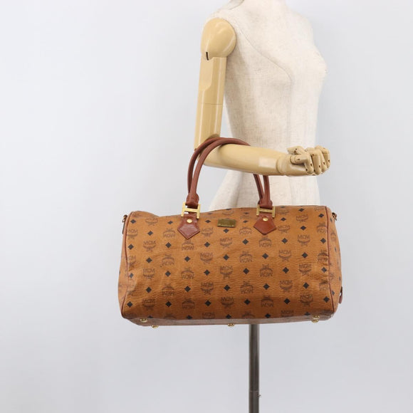 MCM Vicetos Boston Bag PVC Leather Brown Gold Tone Auth BA14989