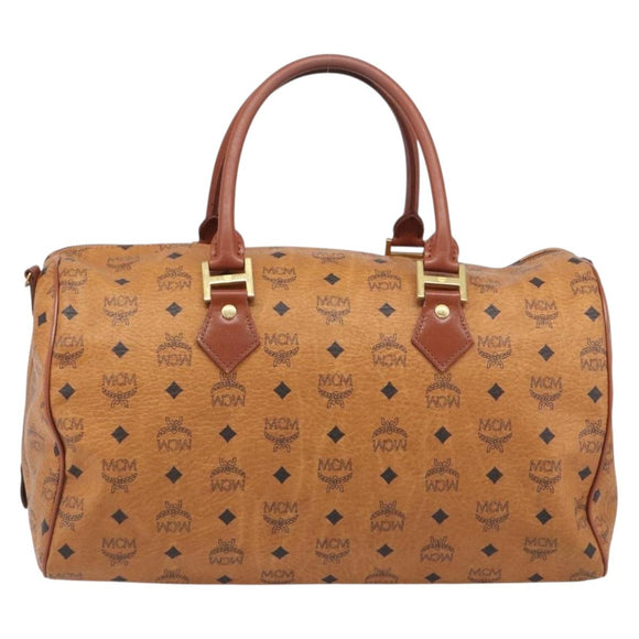 MCM Vicetos Boston Bag PVC Leather Brown Gold Tone Auth BA14989