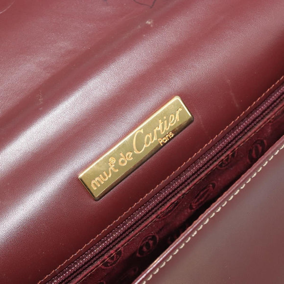 CARTIER Hand Bag Leather Bordeaux Gold Tone Auth BA14995