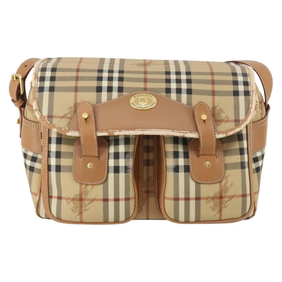 Burberrys Nova Check Shoulder Bag PVC Leather Beige Gold Tone Auth BA14999