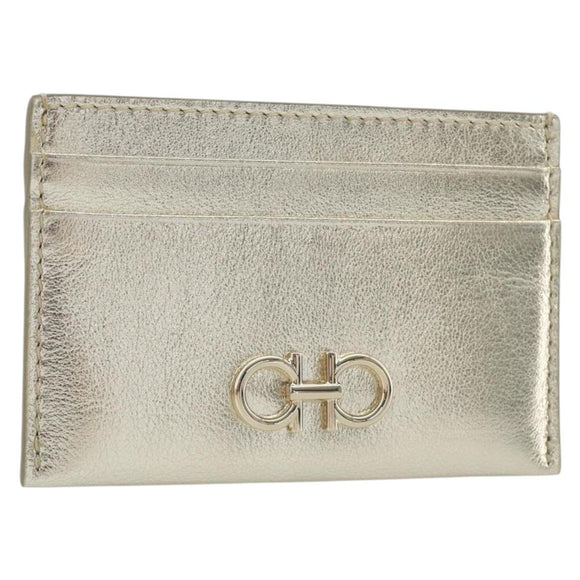 Salvatore Ferragamo Gancini Card Case Leather Champagne Gold Auth BA15034V