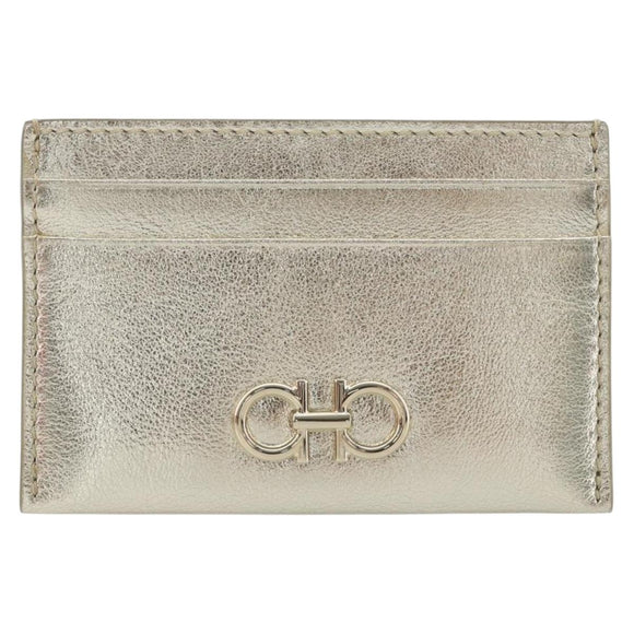 Salvatore Ferragamo Gancini Card Case Leather Champagne Gold Auth BA15034V
