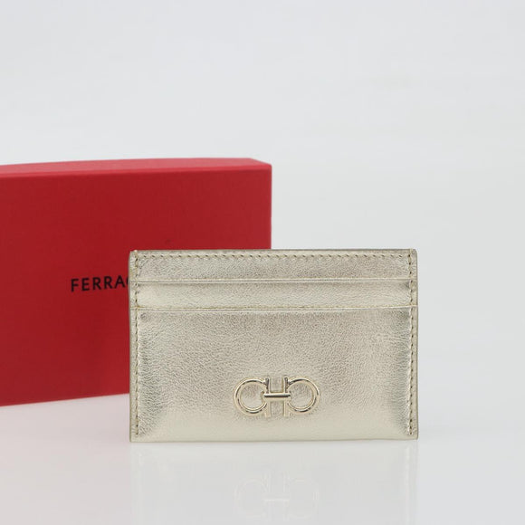 Salvatore Ferragamo Gancini Card Case Leather Champagne Gold Auth BA15034V