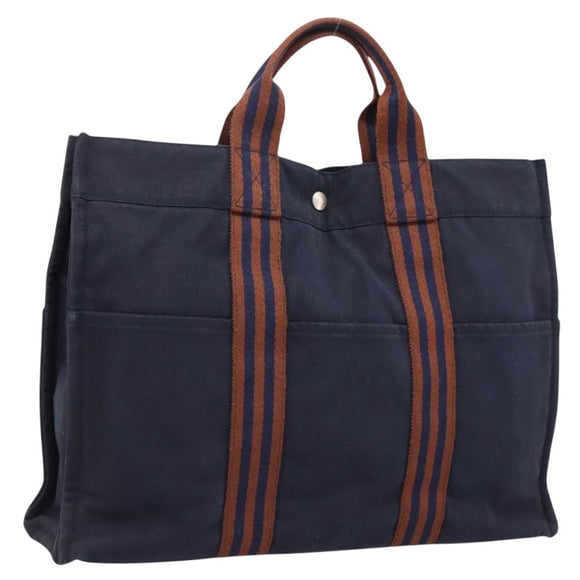 HERMES Fourre Tout MM Hand Bag Cotton Navy Silver Auth BA15062