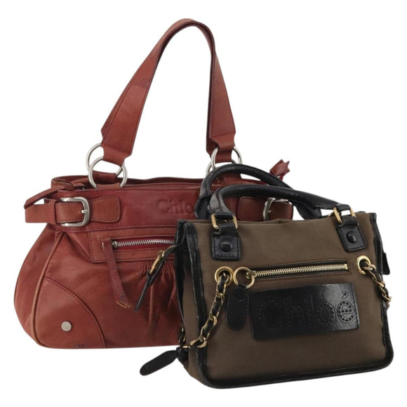 Chloe Hand Bag Canvas Leather 2 Set Khaki Red Auth BA15069