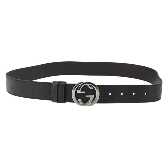 GUCCI GuccissimaGG Interlocking G Belt Leather Black Silver 473030 Auth BA15074V