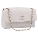 CHANEL V Stitch Chain Chevron Shoulder Bag Leather White Navy CC Auth BA15077SAM-1