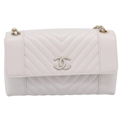 CHANEL V Stitch Chain Chevron Shoulder Bag Leather White Navy CC Auth BA15077SAM - 0