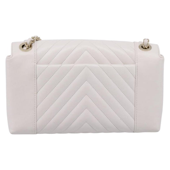 CHANEL V Stitch Chain Chevron Shoulder Bag Leather White Navy CC Auth BA15077SAM