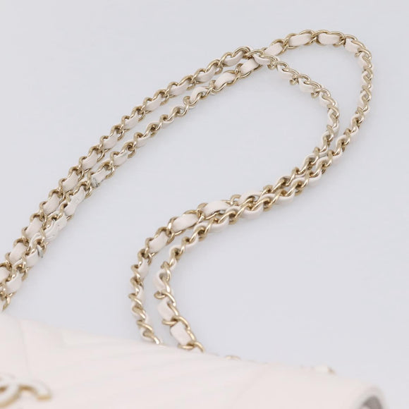 CHANEL V Stitch Chain Chevron Shoulder Bag Leather White Navy CC Auth BA15077SAM