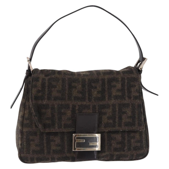 FENDI Zucca Canvas Mamma Baguette Shoulder Bag Wool Brown Black Auth BA15090V