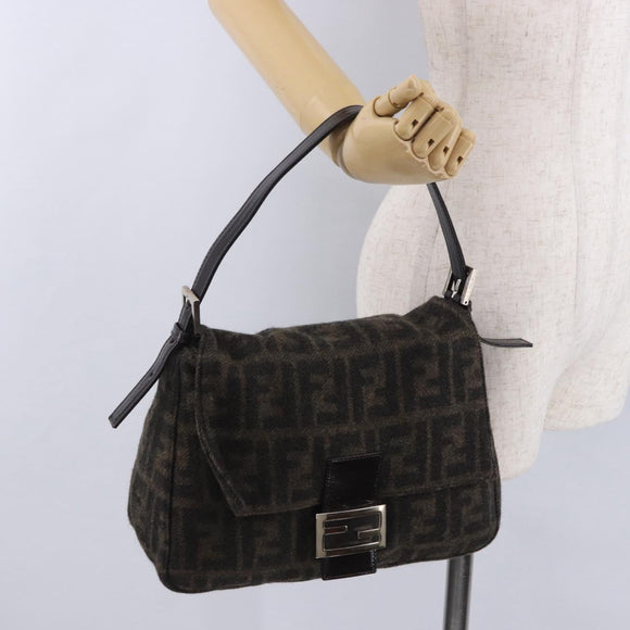 FENDI Zucca Canvas Mamma Baguette Shoulder Bag Wool Brown Black Auth BA15090V
