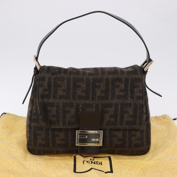 FENDI Zucca Canvas Mamma Baguette Shoulder Bag Wool Brown Black Auth BA15090V