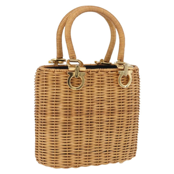 Salvatore Ferragamo Gancini Hand Bag Raffia Beige Gold Auth BA15106V