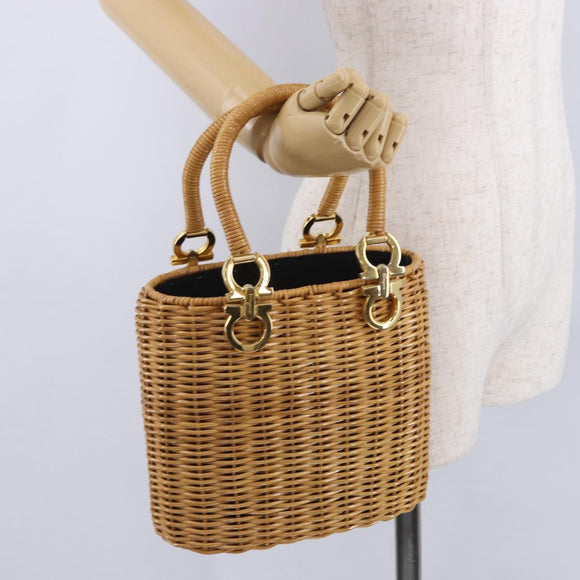 Salvatore Ferragamo Gancini Hand Bag Raffia Beige Gold Auth BA15106V