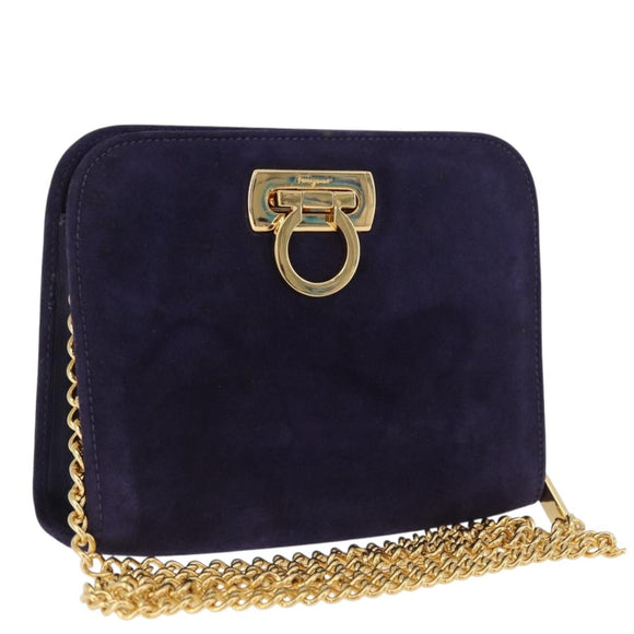 Salvatore Ferragamo Gancini Chain Shoulder Bag Suede Purple Gold Auth BA15108