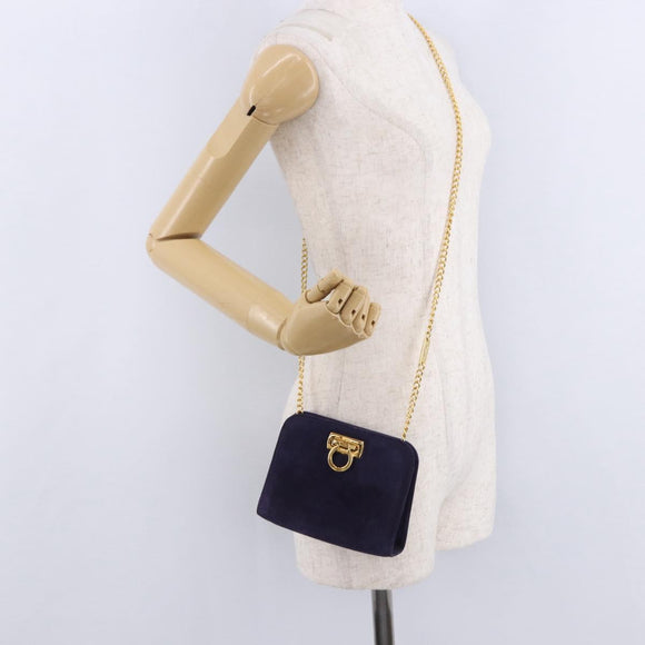 Salvatore Ferragamo Gancini Chain Shoulder Bag Suede Purple Gold Auth BA15108