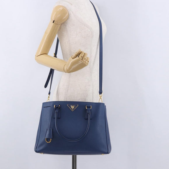 PRADA Hand Bag Safiano Leather 2way Blue Gold Auth BA15150V
