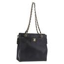 CHANEL Chain Tote Bag Caviar Skin Black Gold CC Auth BA15172-1