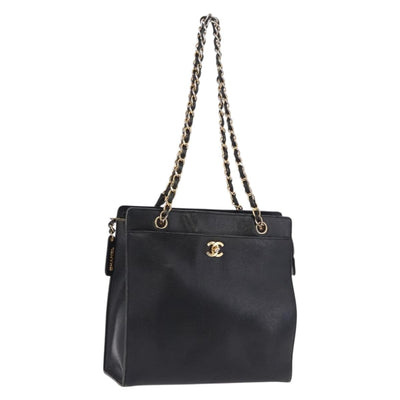 CHANEL Chain Tote Bag Caviar Skin Black Gold CC Auth BA15172