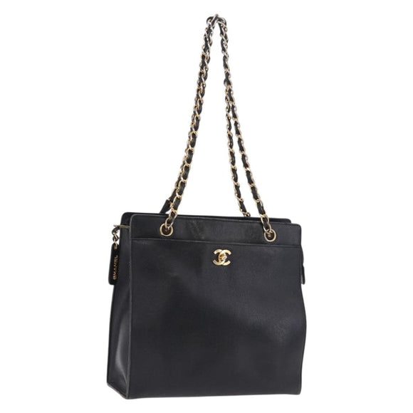 CHANEL Chain Tote Bag Caviar Skin Black Gold CC Auth BA15172