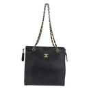 CHANEL Chain Tote Bag Caviar Skin Black Gold CC Auth BA15172-13