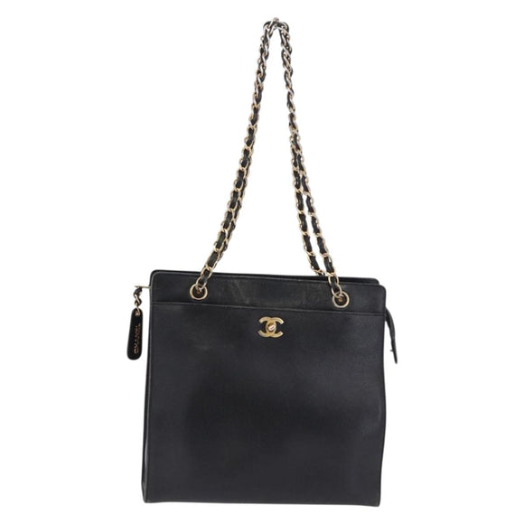 CHANEL Chain Tote Bag Caviar Skin Black Gold CC Auth BA15172