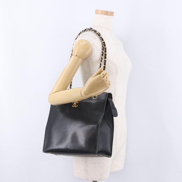 CHANEL Chain Tote Bag Caviar Skin Black Gold CC Auth BA15172