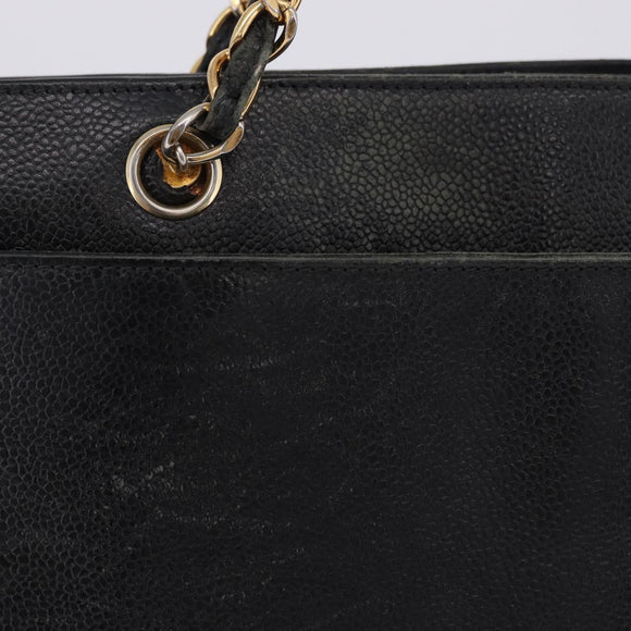 CHANEL Chain Tote Bag Caviar Skin Black Gold CC Auth BA15172