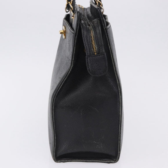 CHANEL Chain Tote Bag Caviar Skin Black Gold CC Auth BA15172