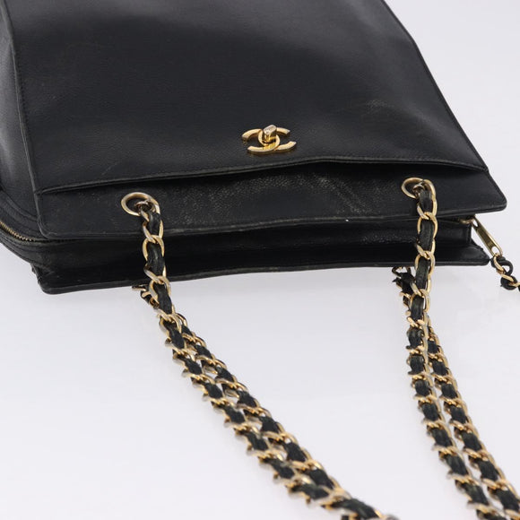 CHANEL Chain Tote Bag Caviar Skin Black Gold CC Auth BA15172