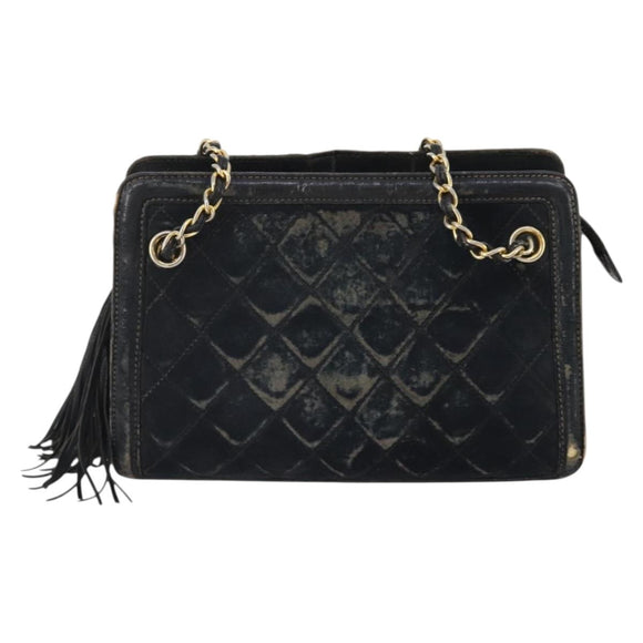 CHANEL Matelasse Chain Shoulder Bag Suede Black Gold CC Auth BA15173
