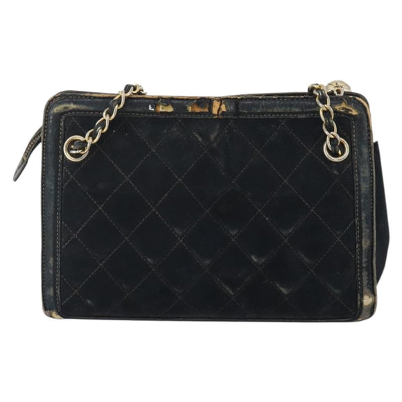 CHANEL Matelasse Chain Shoulder Bag Suede Black Gold CC Auth BA15173