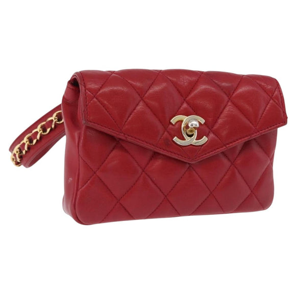 CHANEL Matelasse Waist bag Lamb Skin Red Gold CC Auth BA15205