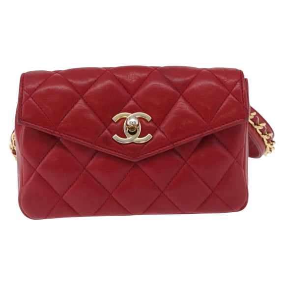 CHANEL Matelasse Waist bag Lamb Skin Red Gold CC Auth BA15205