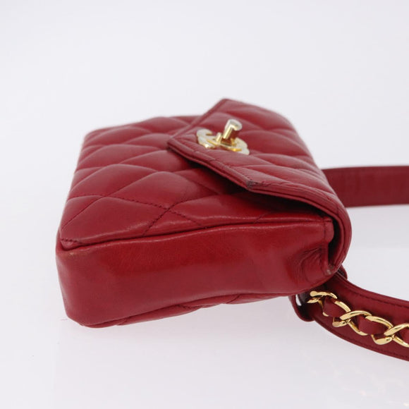 CHANEL Matelasse Waist bag Lamb Skin Red Gold CC Auth BA15205