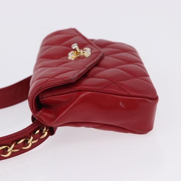 CHANEL Matelasse Waist bag Lamb Skin Red Gold CC Auth BA15205