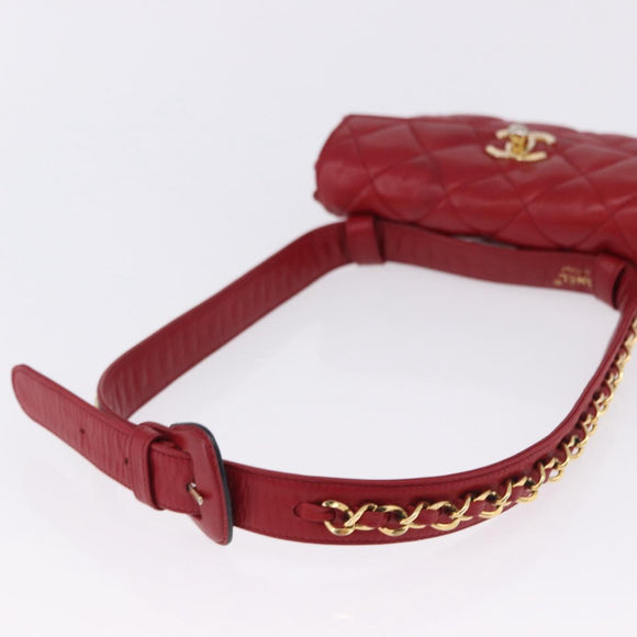 CHANEL Matelasse Waist bag Lamb Skin Red Gold CC Auth BA15205