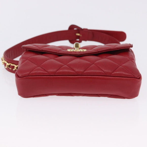 CHANEL Matelasse Waist bag Lamb Skin Red Gold CC Auth BA15205
